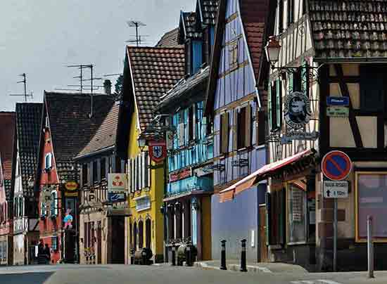 village houses in Kintzheim on the Alsace wine road in France